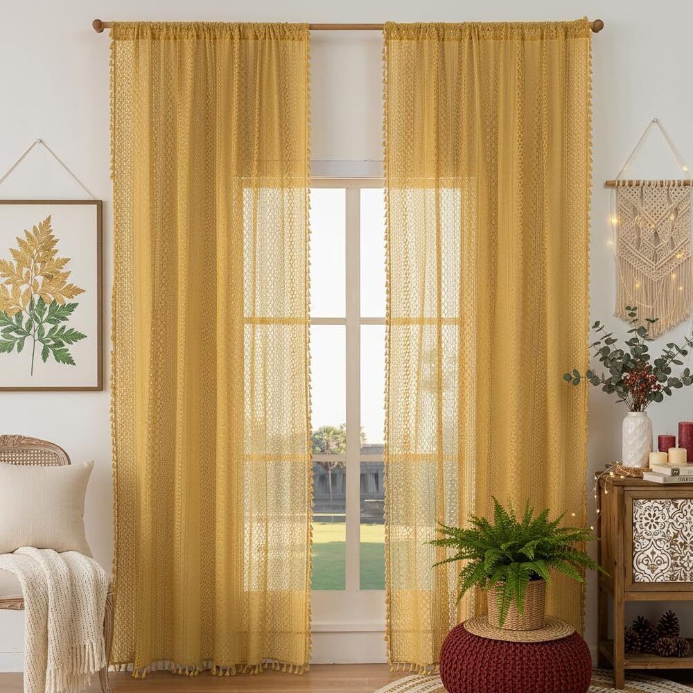 Boho Lace Curtains 84 Inches 2 Panel,Light Filtering Privacy Tassel & - Picture 3 of 8